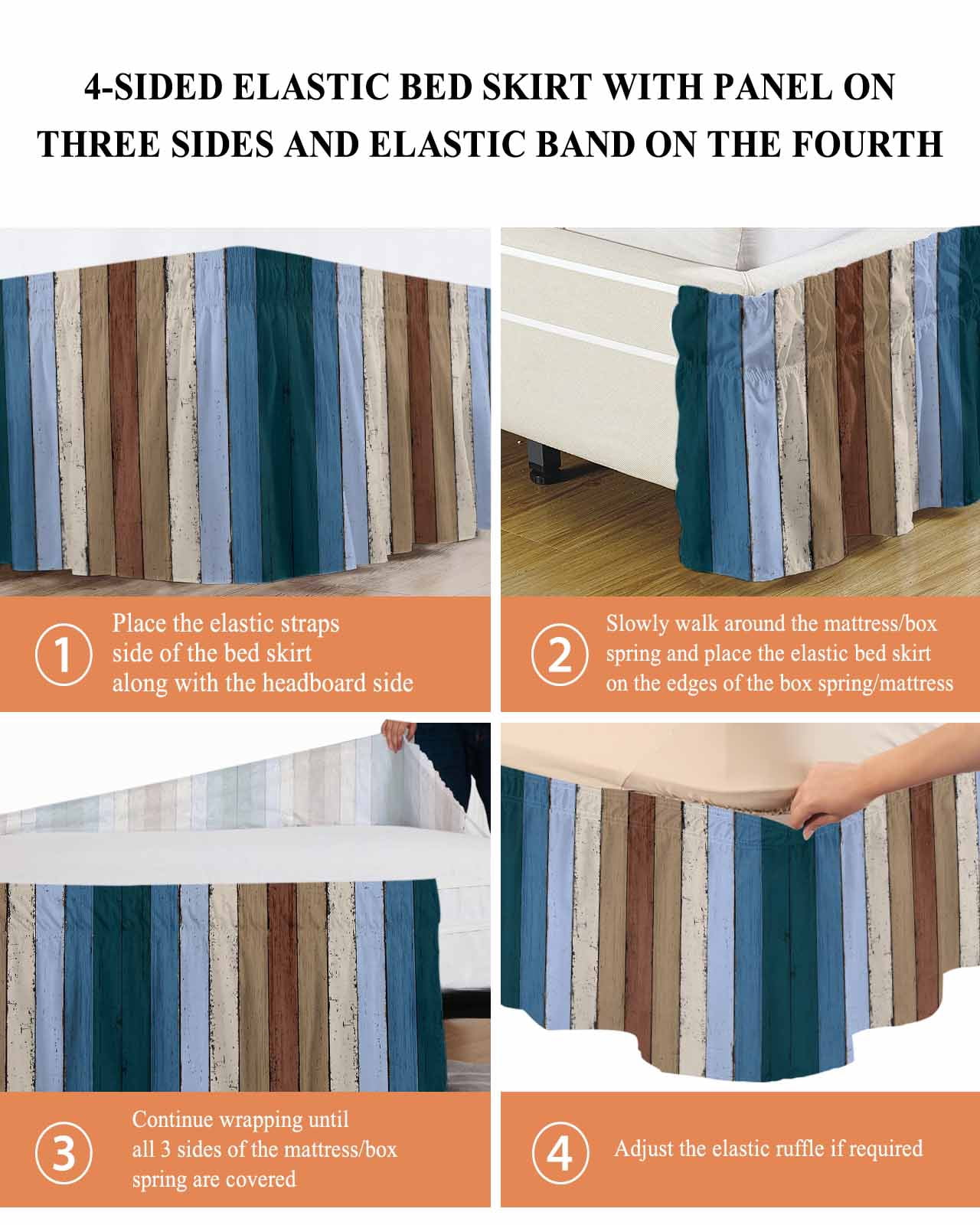 Brown Deep Blue Ruffle Bed Skirt California King Size Modern Vintage Wood Texture Rectangle Adjustable Elastic Dust Bed Skirts Wrap Around Bedskirt Wrinkle Free Easy Fit with 16 Inch Drop