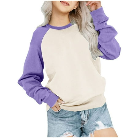 

AherBiu Girls Crew Neck Sweatshirt Lightfleece Lined Long Sleeve Pullover Fall Casual Tops Solid Color