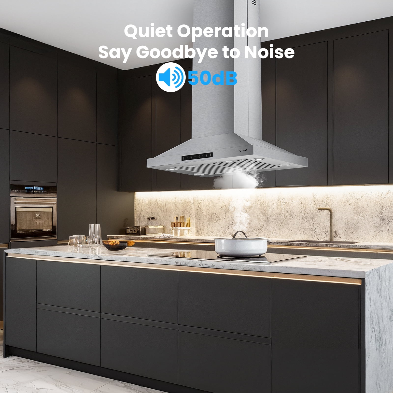 VIKIO 30 inch Island Range Hood , 450 CFM with Touch/Gesture, Convertible Ducted/Ductless, 3-Speed Fan, 2 Stainless Steel Baffle Filters