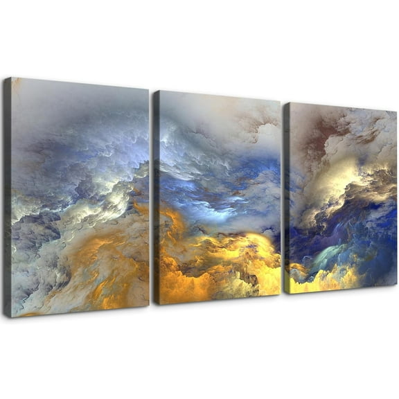 3 Piece Abstract Wall Art Blue and Gold Clouds Paintings Smoke Wall Decor Texture Poster Modern Artwork Picture HD Canvas Print,Framed for Living Room Bedroom Bathroom, 12"x16"x3 Panels