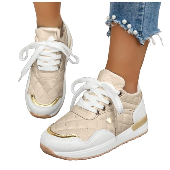 Rokment Women's Metallic Gold Quilted Platform Fashion Sneakers Trendy Casual Heart Charms Chunky Non Slip Walking Tennis Shoes Beige Size 6