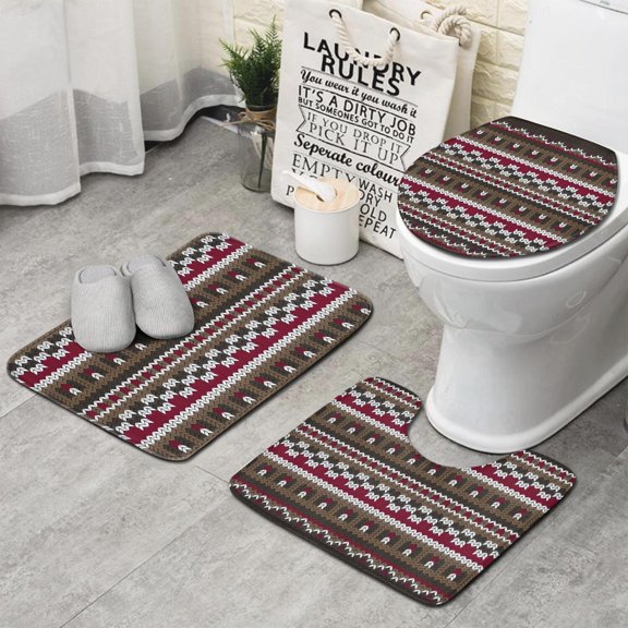 Boho Red Knitted Ethnic Pattern Bathroom Rugs Sets 3 Piece,Toilet Cover Set,Absorbent Non Slip Bathroom Mats Sets with U-Shaped Contour Rug Toilet Rug Set