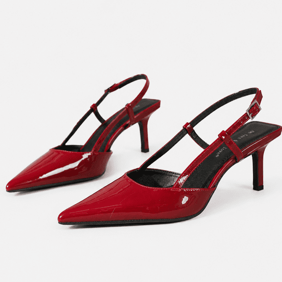 On feet& in love Women's Pointed Toe Patent PU Slingback Heels with Adjustable Strap - Dress Shoes for Work & Party - Size 5.5