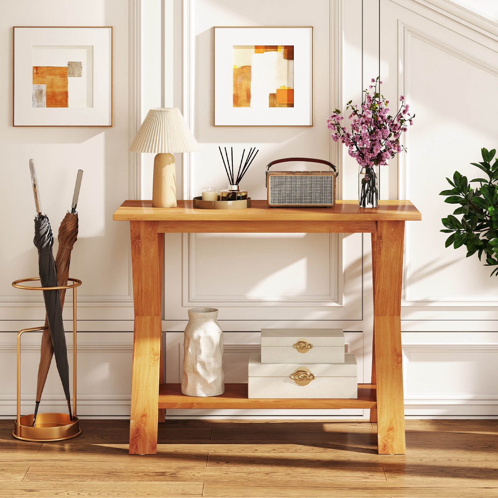 Costway 35.5-Inch Long Entryway Table with Storage Shelf Solid Teak Wood Console Table