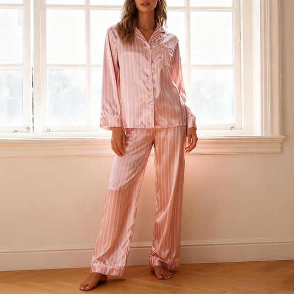Bxsruta Unisex Satin Long Sleeve Button-Down Pajama Set for Women and Men, Soft Sleepwear and Loungewear