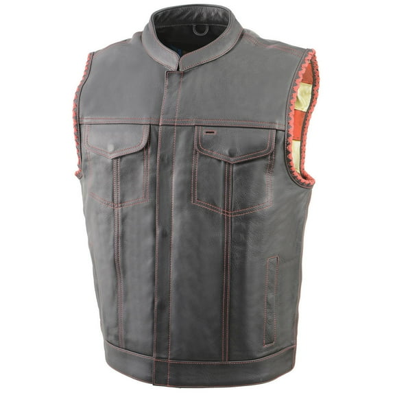 Milwaukee Leather MLM3506 Men's Black Premium Leather Vest - Old Glory Laced Armholes Red Stitching Club Style Vest Medium