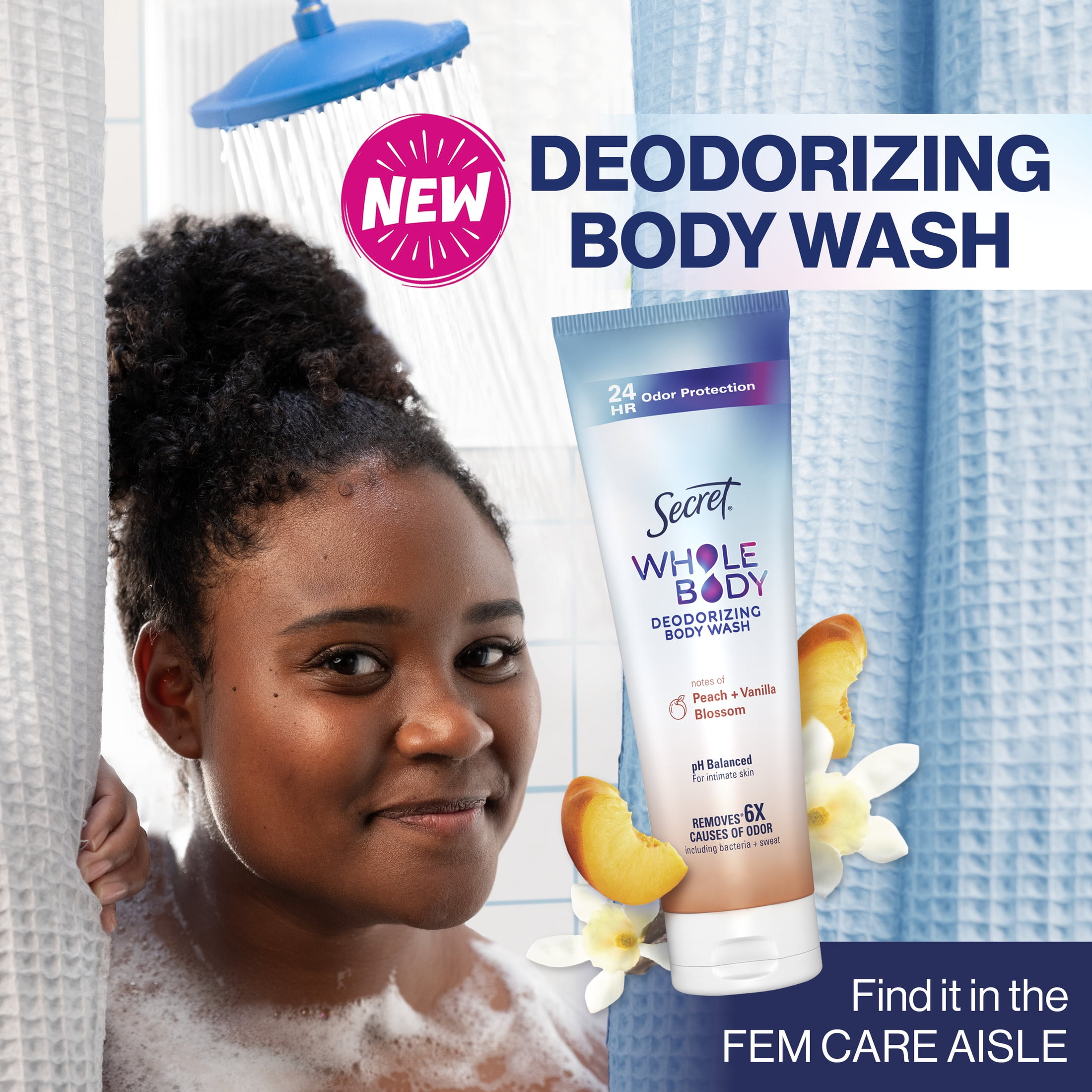 (12 pack) Secret Feminine Wash 24 HR Deodorizing Body Wash for Women, Peach & Vanilla, 7oz