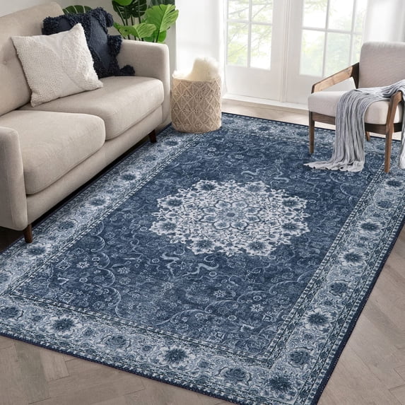 Machine Washable Rug Small Vintage Doormat Persian Kitchen Mat Non Slip Floor Cover Bohemian Area Rug Distressed Carpet for Living Room Bedroom Indoor Outdoor, 2' x 3' Blue