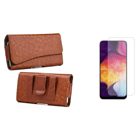 Holster and Screen Protector Bundle for TCL 30 Z: Executive PU Leather Magnetic Belt Pouch Case (Brown) and (2-Pack) Tempered Glass Shield