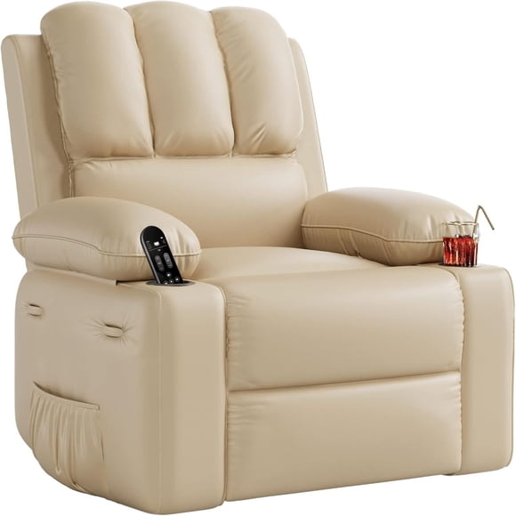 Eastvita 27-Inch Oversized Manual Recliner Chair - PU Leather Recliner with Cup Holders/Side Pockets (Beige)