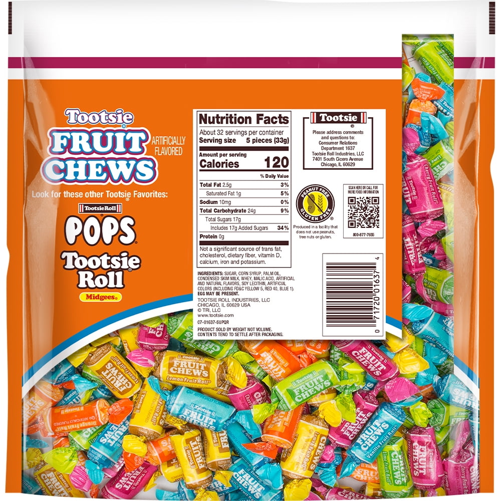 Tootsie, Fruit Chew Rolls, Assorted Fruity Flavored Candy - 37-oz. Resealable Bag. Peanut Free, Gluten Free. Contains Milk and Soy.