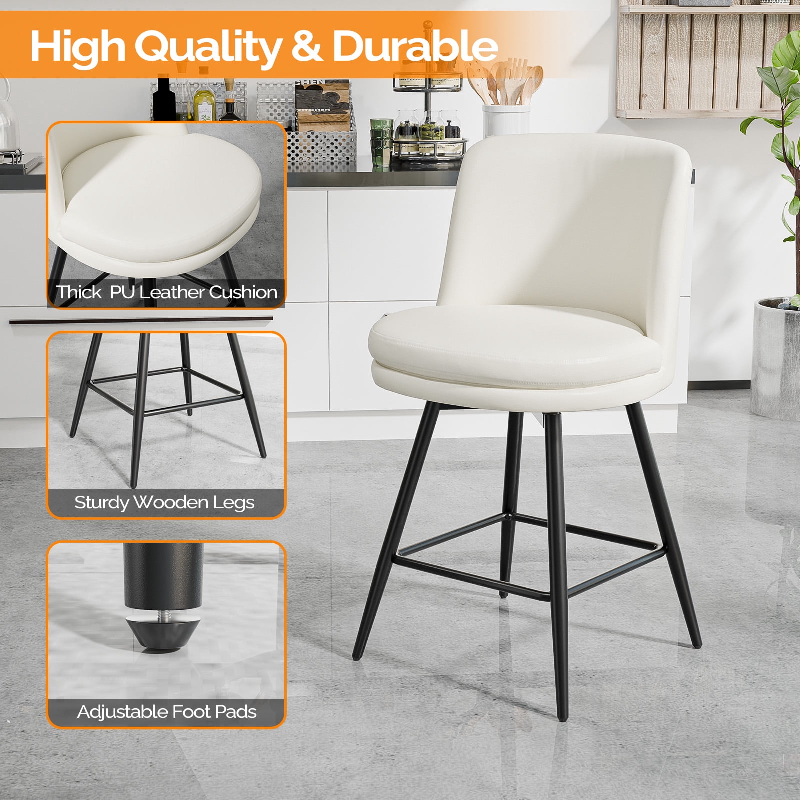 Zimtown Modern Barstools Set of 2, 26" Counter Height Swivel Bar Stools Set with Cusion for Kitchen Island, Dining Room, Bar Chairs, Off-White