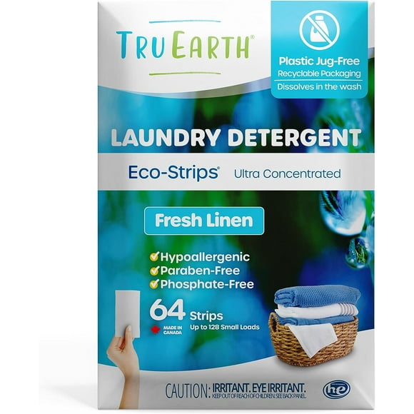 Laundry Detergent Sheets Eco-Strips for Sensitive Skin - Up to 128 Loads - 64 Count - Hypoallergenic, Readily Biodegradable, Plastic Jug-Free Packaging- Fresh Linen Scent