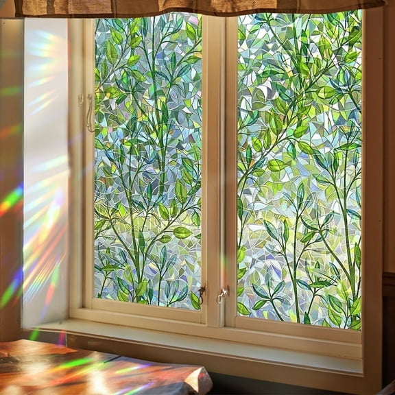 Window Privacy Film Stained Glass,Window Film Privacy Decorative,Rainbow Window Clings Non-Adhesive Reusable Decorative for Room( Leaf ,17.5 x 78.7 in)
