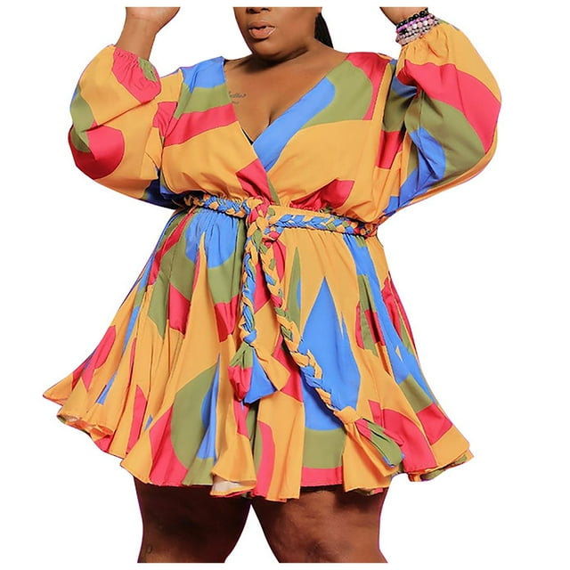 Fridja Womens Print V-Cou Tissé Robe de Banquet avec Ceinture Grande Taille