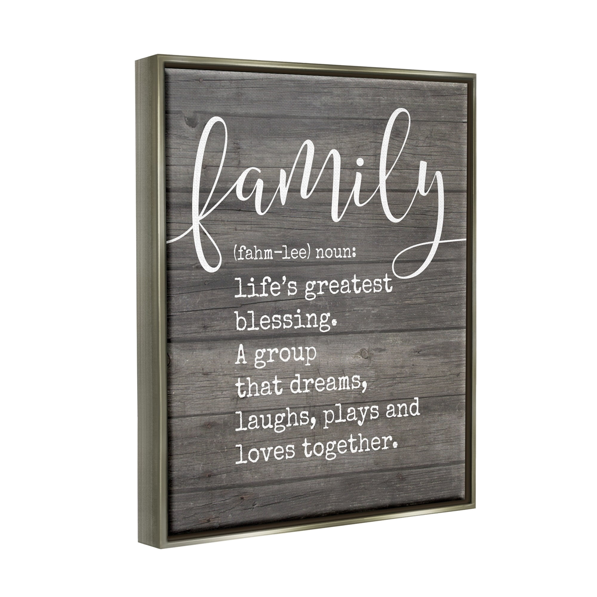 Stupell Industries Family Definition Planked Luster Gray Framed Floating Canvas Wall Art, 24x30, by Lettered and Lined