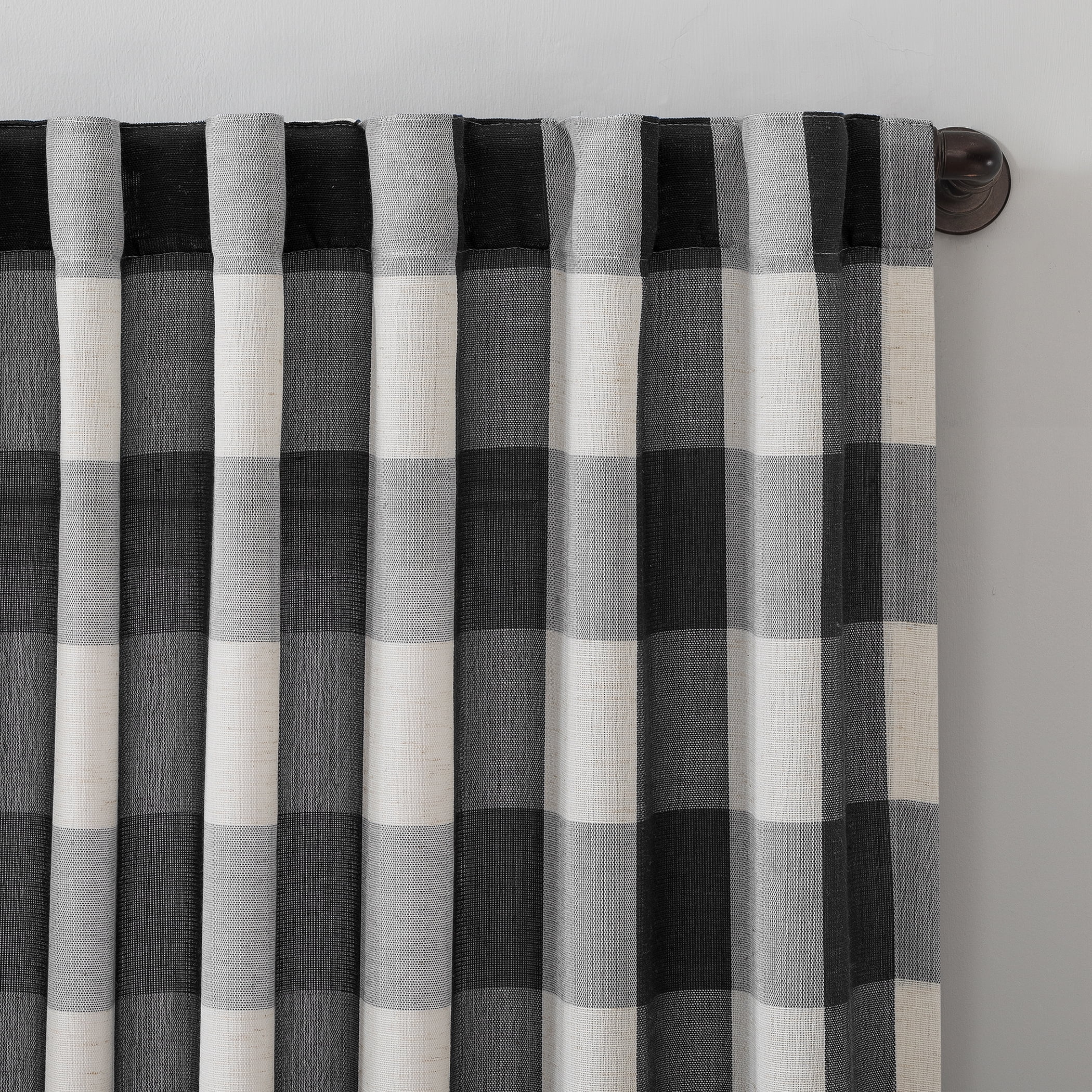 Better Homes and Gardens Buffalo Plaid Semi-Sheer Back Tab Curtain Panel, 50" x 84", Black
