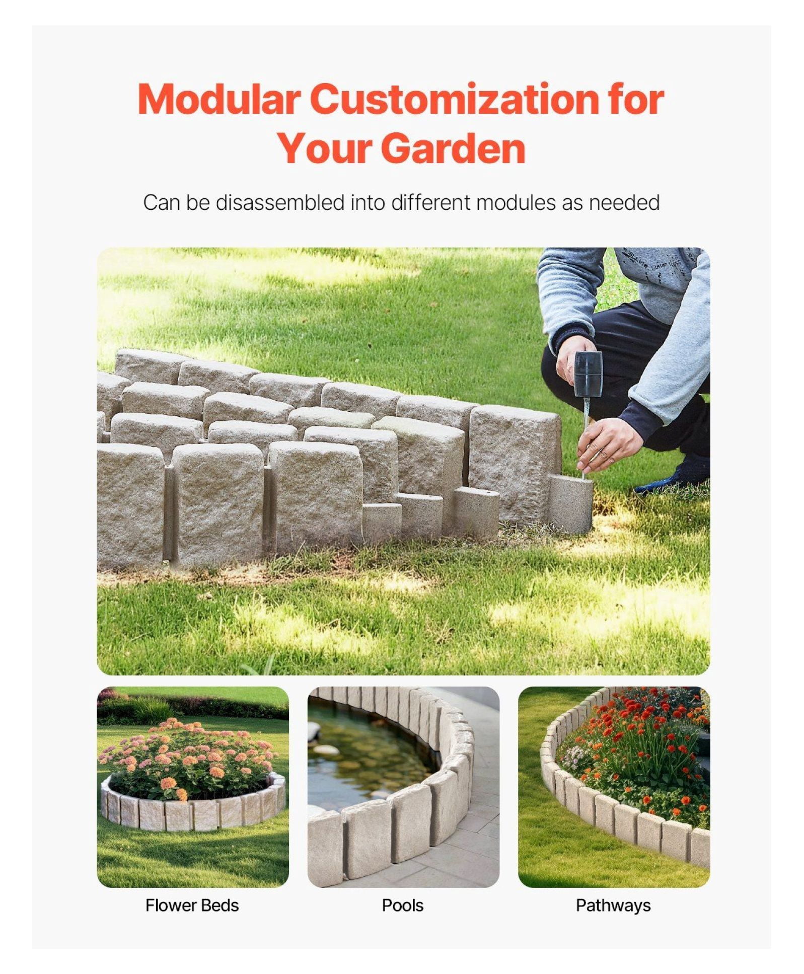 Faux Stone Landscape Edging, 47.2x9in Garden Border, Flexible Lawn Edging with Stakes, Realistic Brick Edging for Yard, Driveway, Walkway - Beige