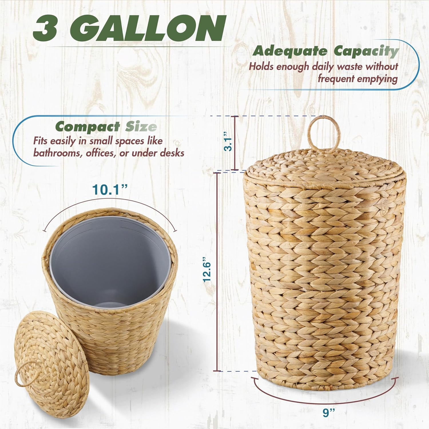 Wicker Trash Can with Lid and Removable Liner, Wicker Rattan Bathroom Trash Can, Large Woven Bin for Office, Hyacinth Waste Basket for Bedroom, Living Room, Kitchen