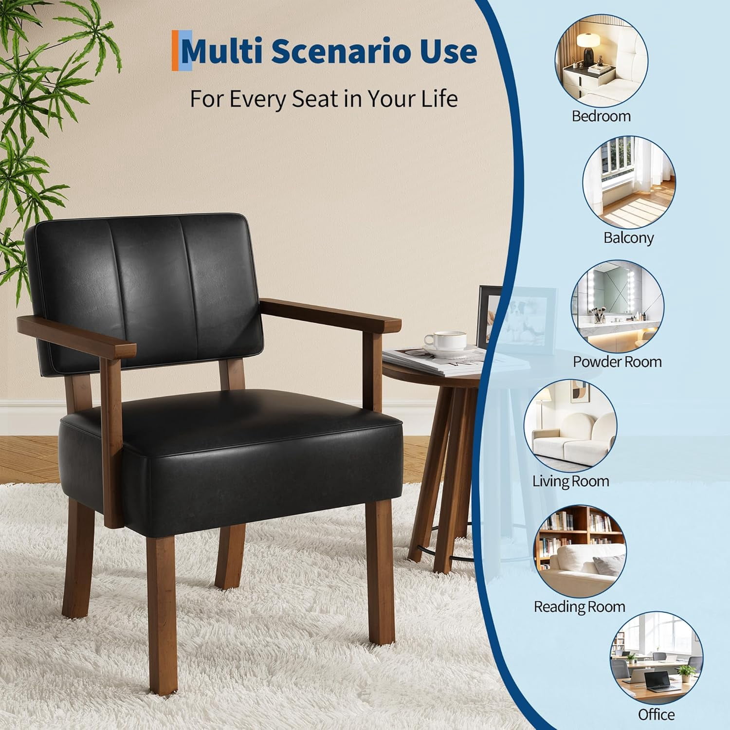 Set of 2 Mid Century Modern Accent Chairs, Black Faux Leather Armchairs with Vertical Tufted Back, Upholstered Lounge Chair Set with Wood Frame for Living Room & Bedroom