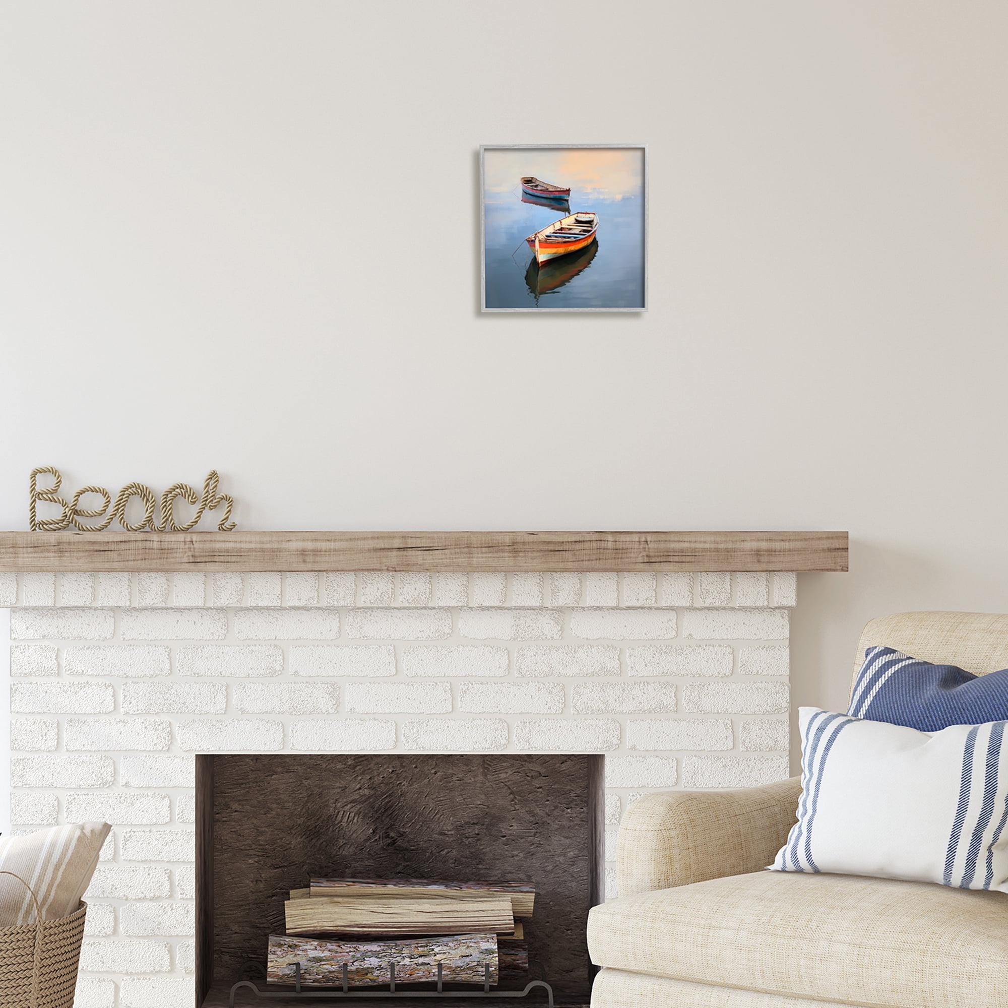 Stupell Industries Striped Boats in Lake Transportation Painting Gray Framed Art Print Wall Art, 12 x 12