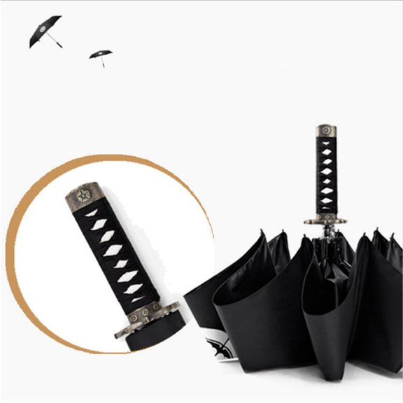 Samurai Sword Umbrella Black Glue Three Fold Short Handle Rain Sun Umbrella