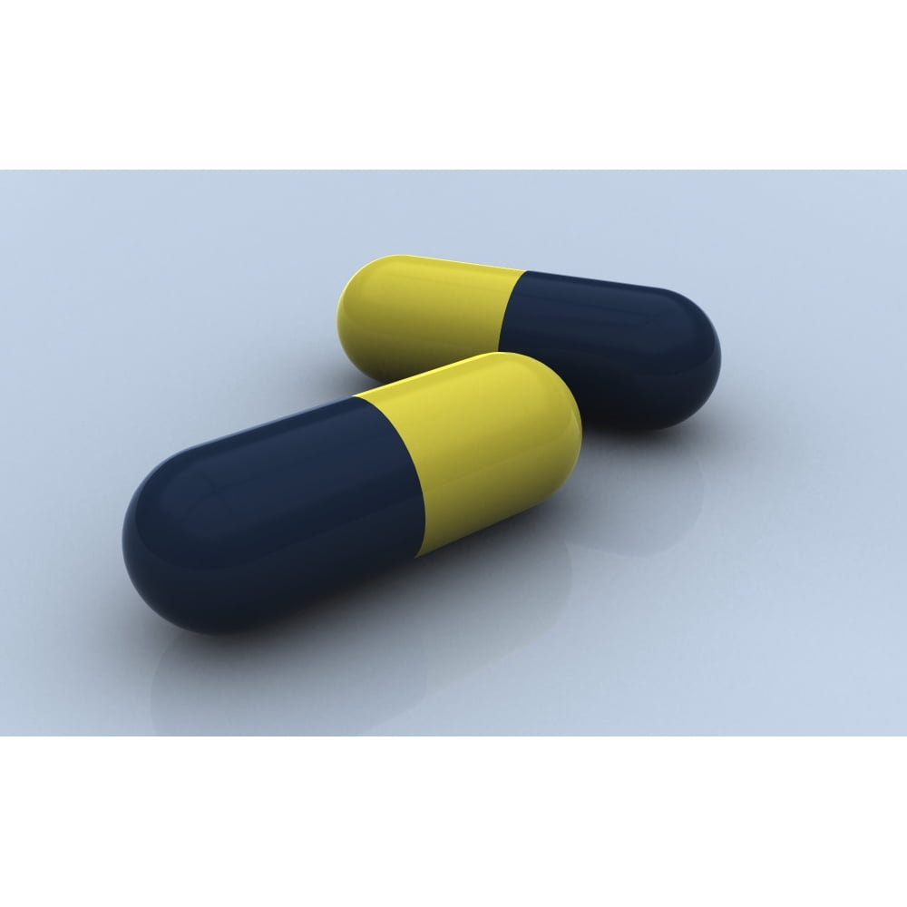 Blue and yellow medication capsules on colored background Poster Print