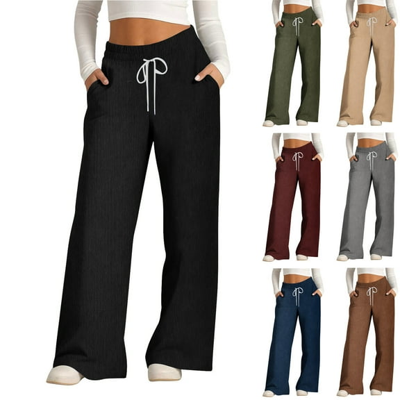 Swuxness Women Fleece Straight Leg Pants, Womens Fall Long Pants, Women's All Season Casual Solid Color Versatile Corduroy Elastic Waist Straight Leg Long Pants Brown, M