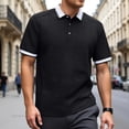 thumbnail image 2 of IWRICH Men's Jacquard Textured Short Sleeve Polo Shirts Button up Color Blocking Tops V Neck Casual Summer Basic Tops Black L, 2 of 8