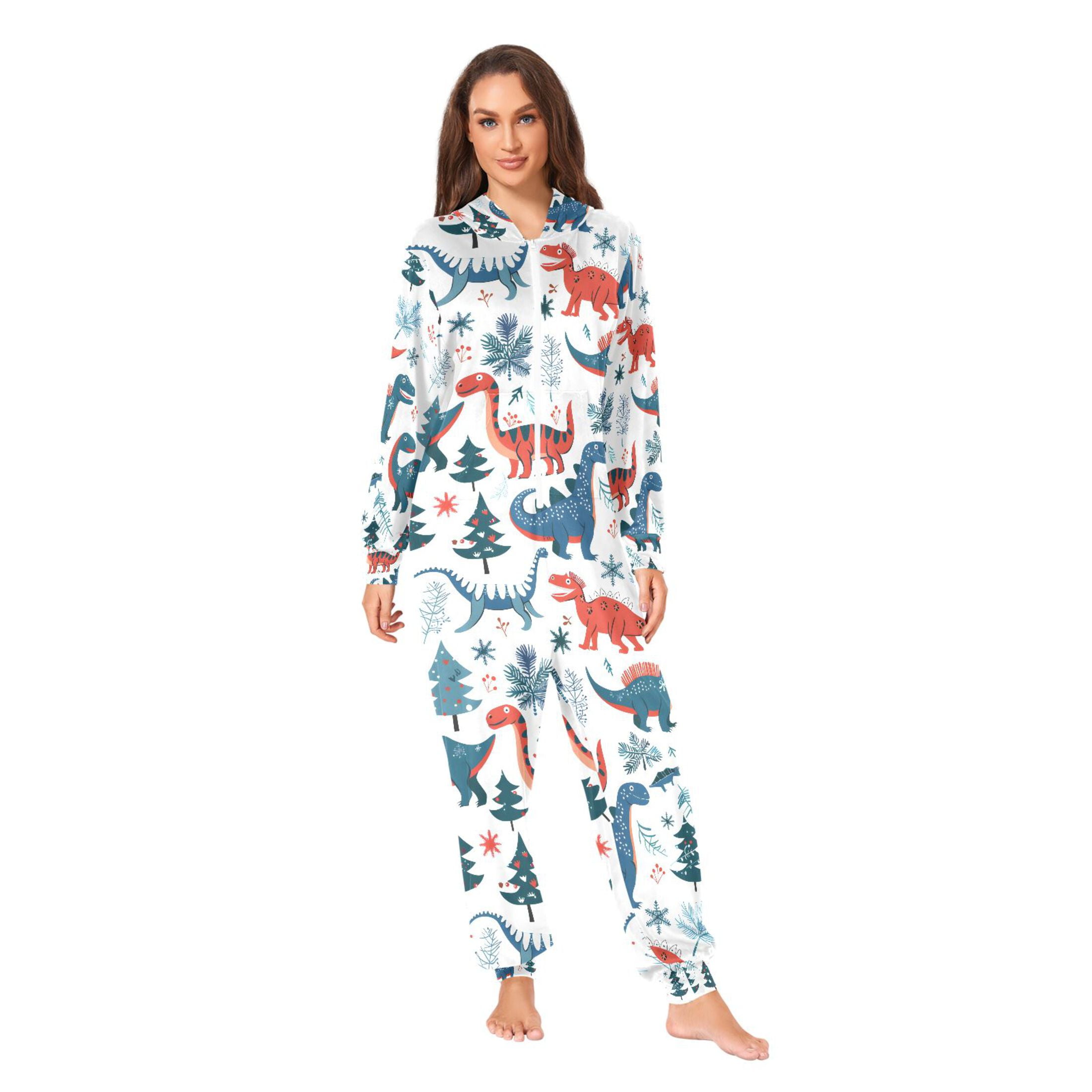 Adult Christmas Onesie Funny Dinosaurs Adult Zipper One-Piece Pajamas Unisex Pajamas with Pockets