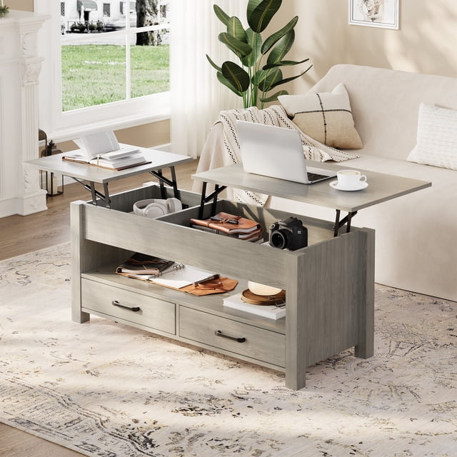 47.2 Inch Lift Top Coffee Table, Adjustable Height Wooden Center Table with 2 Drawers, Hidden Compartment and Open Shelf for Living Room Home Office