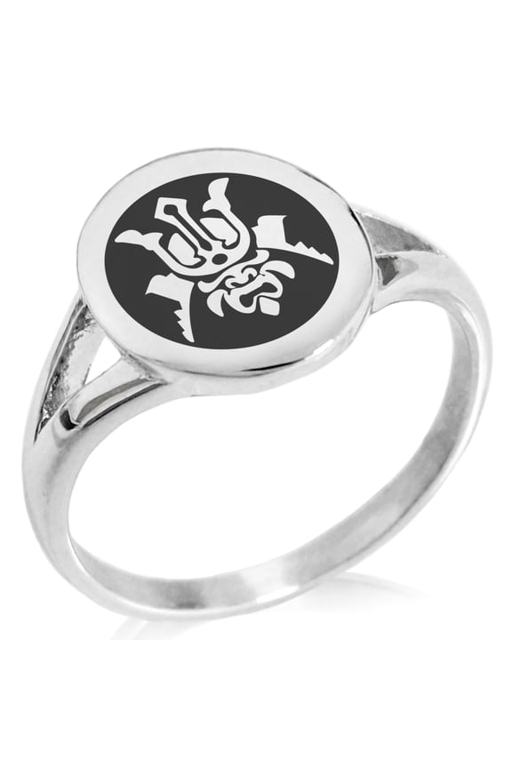Stainless Steel Máscara Samurai Crest Minimalist Oval Top Polished Statement Signet Ring