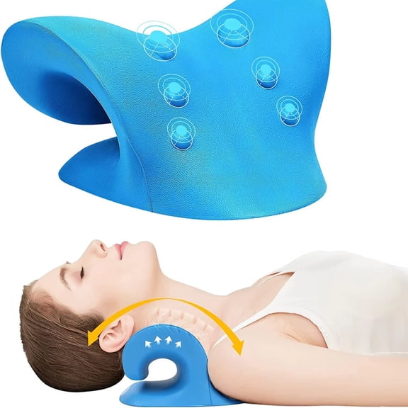Neck and Shoulder Relaxer, Cervical Traction Device for TMJ Pain Relief and Cervical Spine Alignment, Chiropractic Pillow Neck Stretcher (Blue)