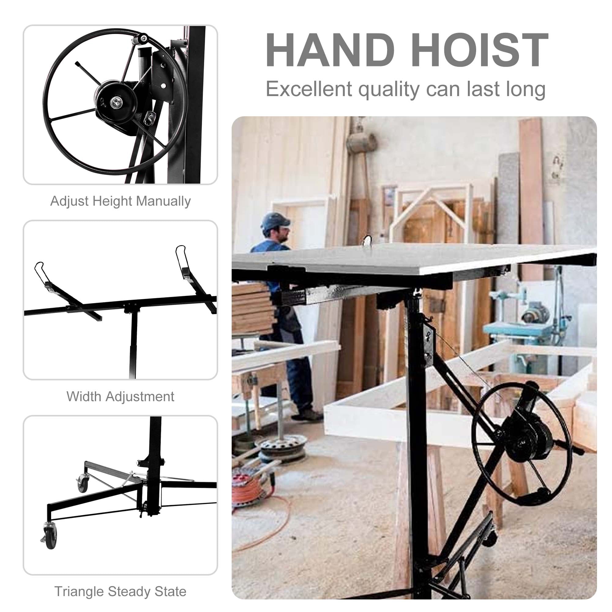Aukfa 11ft Drywall Lift Rolling Panel Lifter Jack Rolling Caster Wheel Drywall Lift - Black