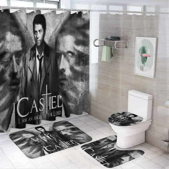 4 Piece Supernatural Shower Curtain Set with Non-Slip Rug, Toilet Lid Cover, Bath Mat and 12 Hooks, Waterproof Shower Curtain Set for Bathroom