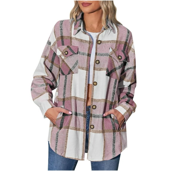 Womens Casual Flannel Shirts Wool Blend Plaid Lapel Button Down Long Sleeve Shacket Jacket Coat Loose Oversize Shirts