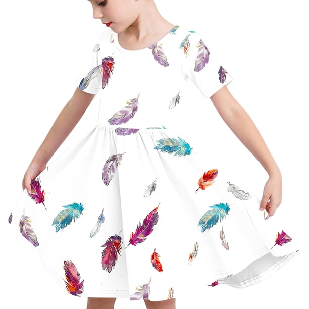 Odeerbi Niñas Verano A-Línea Vestido Pluma Impresión Swing Vestido Niños Manga Corta Vestido Elástico