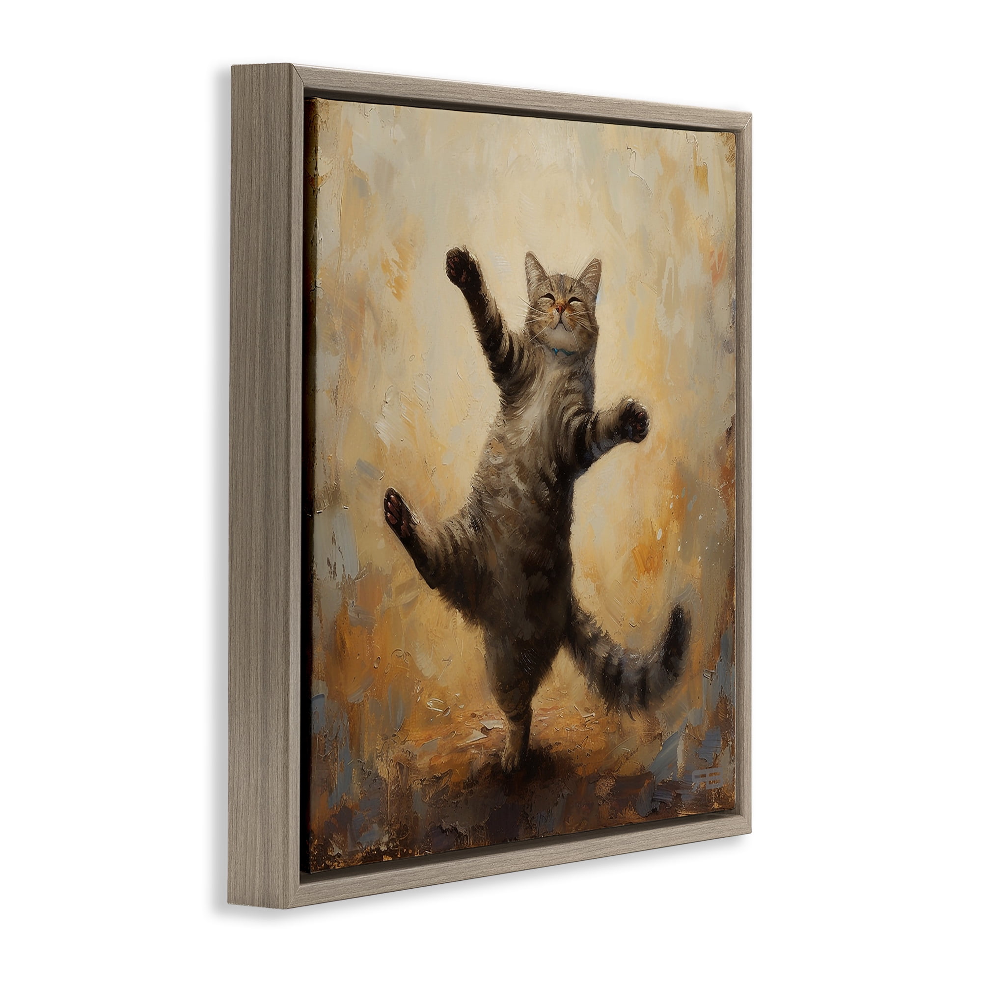 Stupell Industries Dancing Tabby Cat Animals & Insects Painting Brown Floater Framed Canvas Art Print Wall Art, 25 x 25