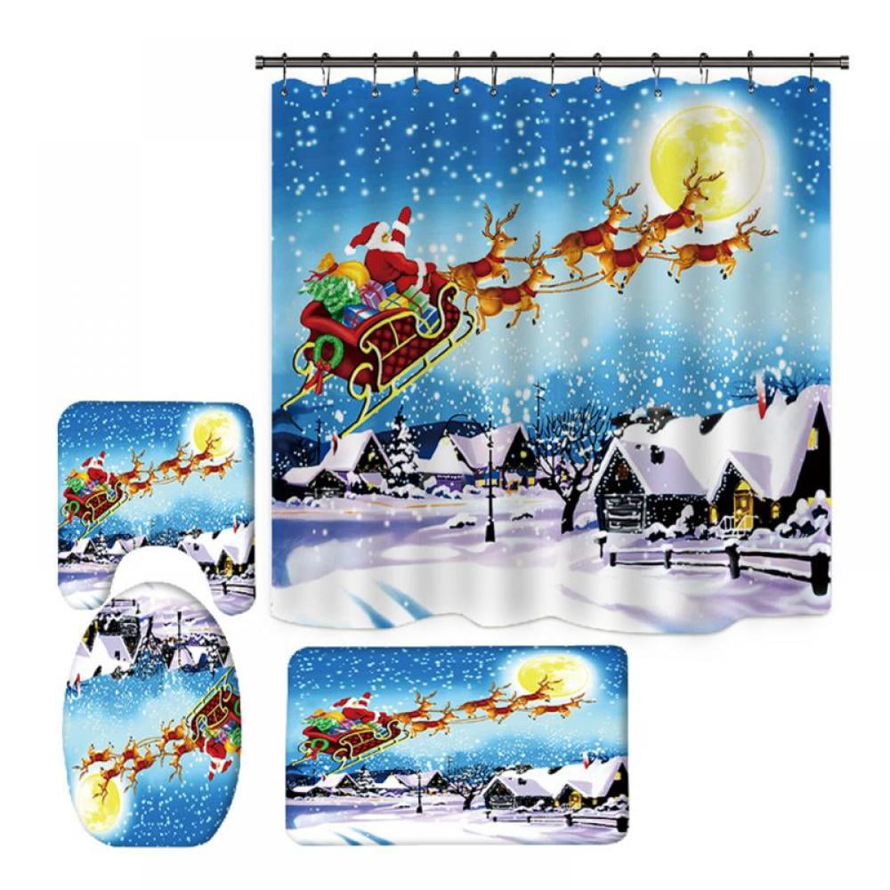 4Pcs/set Christmas Shower Curtain Bath Mat Toilet Cover Mat Rug