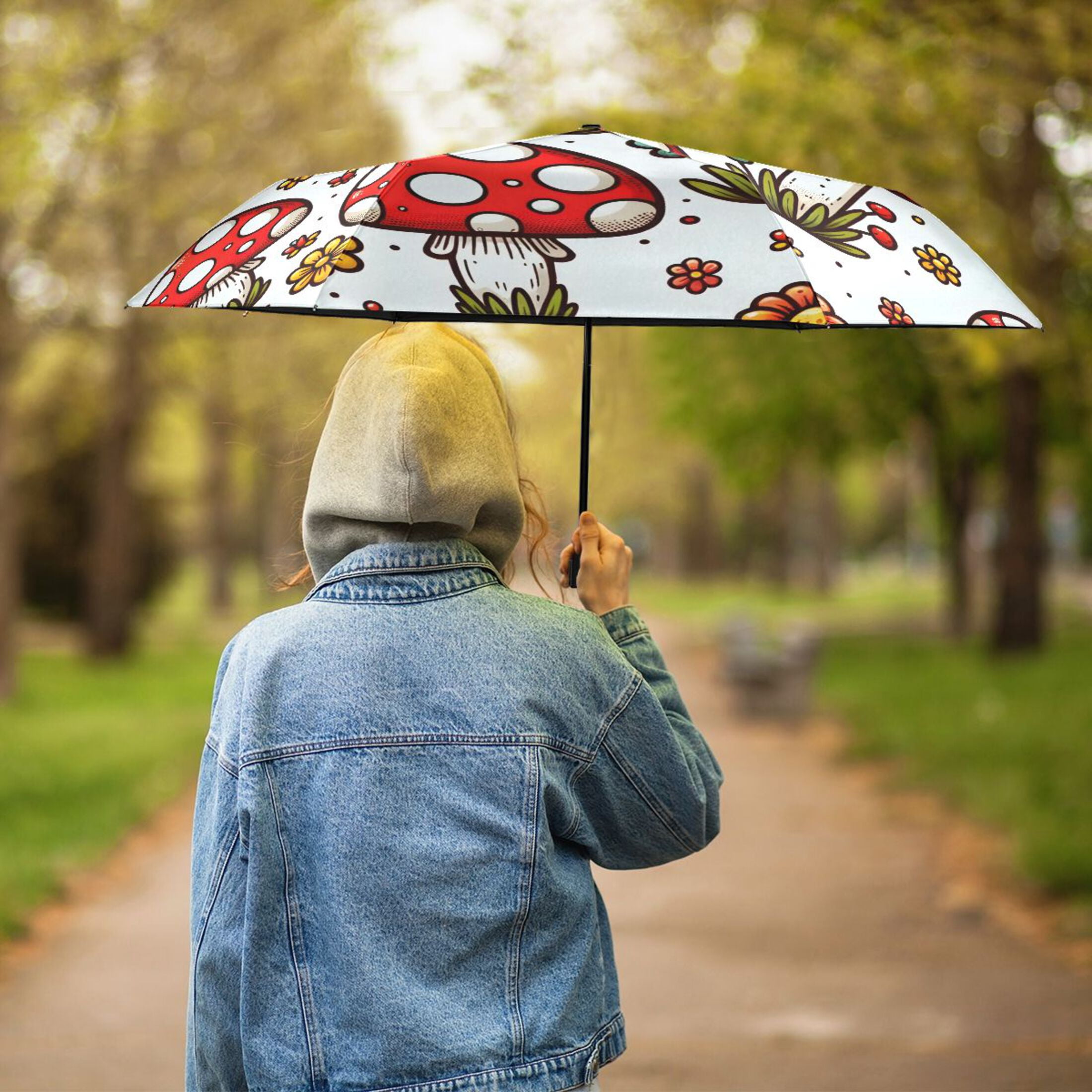 Cute Mushroom and Flowers Compact Sun Umbrella Windproof Travel Umbrellas for Rain Strong Portable UV Protection