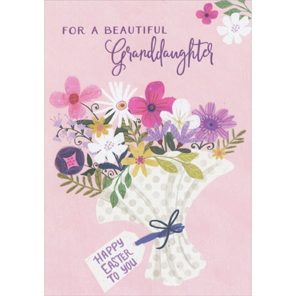 Designer Greetings Polka Dot Bouquet with Pink, Purple and White Flowers Easter Card for Granddaughter