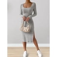 thumbnail image 4 of Women'S Autumn Dress 2 Long Sleeve Square Neck Knit Midi Beach Resort Dress Slit Slim Maxi Dress Grey XL, 4 of 8