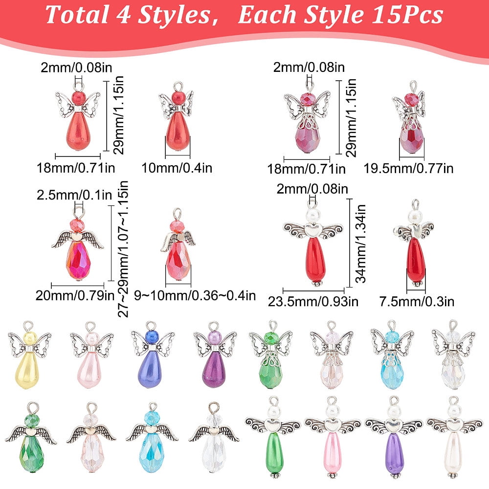 1 Box 60Pcs Angel Charms Angel Beads Beading Guardian Charm Beaded Wings Faceted Glass Jewelry Making Party Favor Gift Necklace Earring