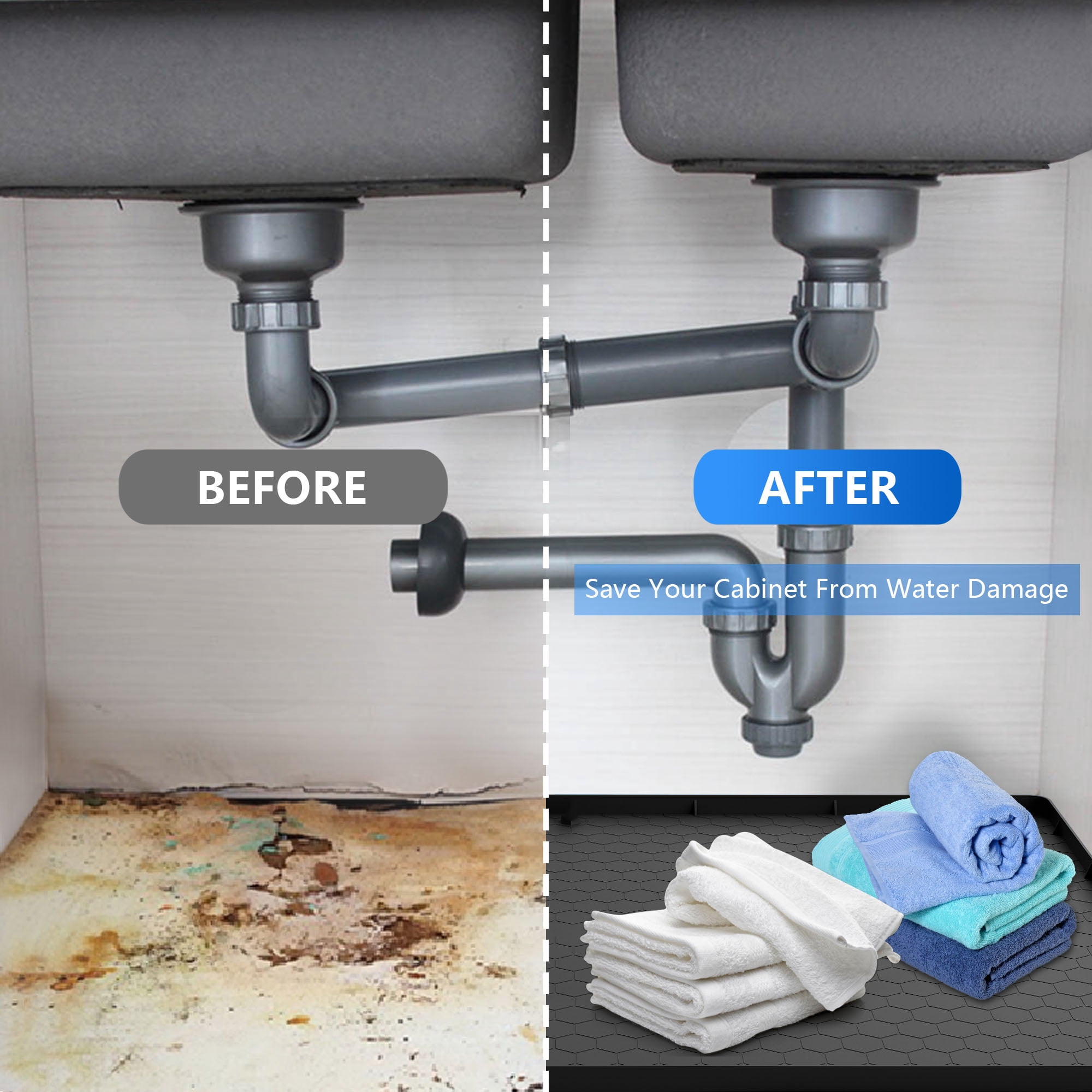 Under Sink Mat, Campmoy 34" x 22" Under Sink Mats for Kitchen Waterproof - Silicone Under Sink Liner Drip Tray with Drain Hole(Black)