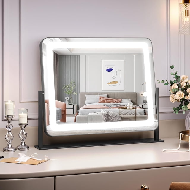 Ourlova Miroir de Meuble-Lavabo avec Lumières Miroir de Maquillage à DEL Grand Miroir Éclairé avec Modes à 3 Couleurs à Intensité Réglable et Commande Tactile Intelligente Parfait pour Bureau Ou Chambre Coiffeuse de Table Maquillage Noir