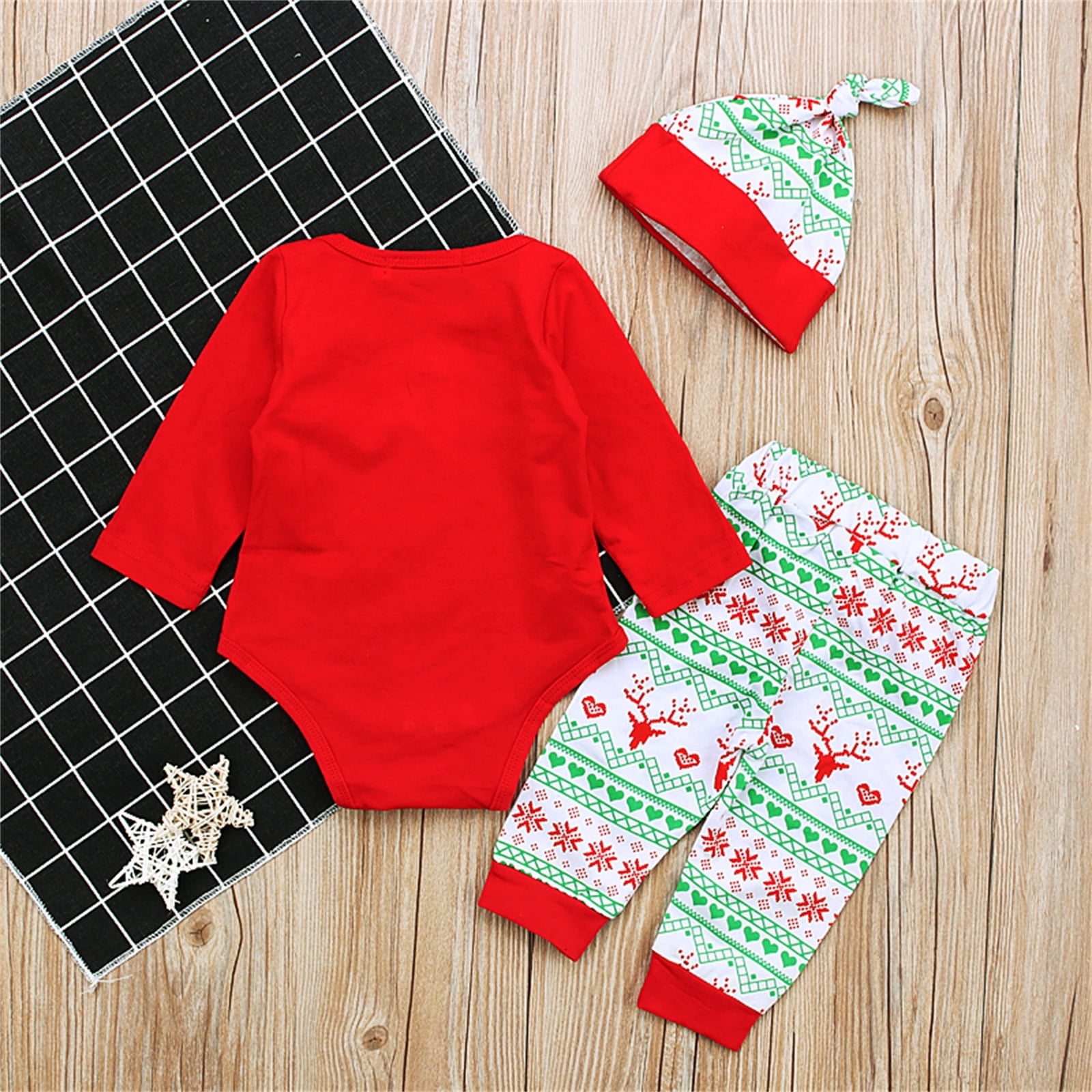 Otqutp Baby Boys Girls Pajamas Christmas Letter Long Sleeve Romper Deer Pants Hat Outfits Clothes Set Loungewear Sleepwear for 0 to 18 Months