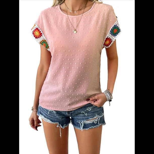 Camisas de Mujer con Estampado Floral de Crochet, Corta, Cuello Redondo, Blusa Informal Tipo Jersey, Tops de Verano Rosa L