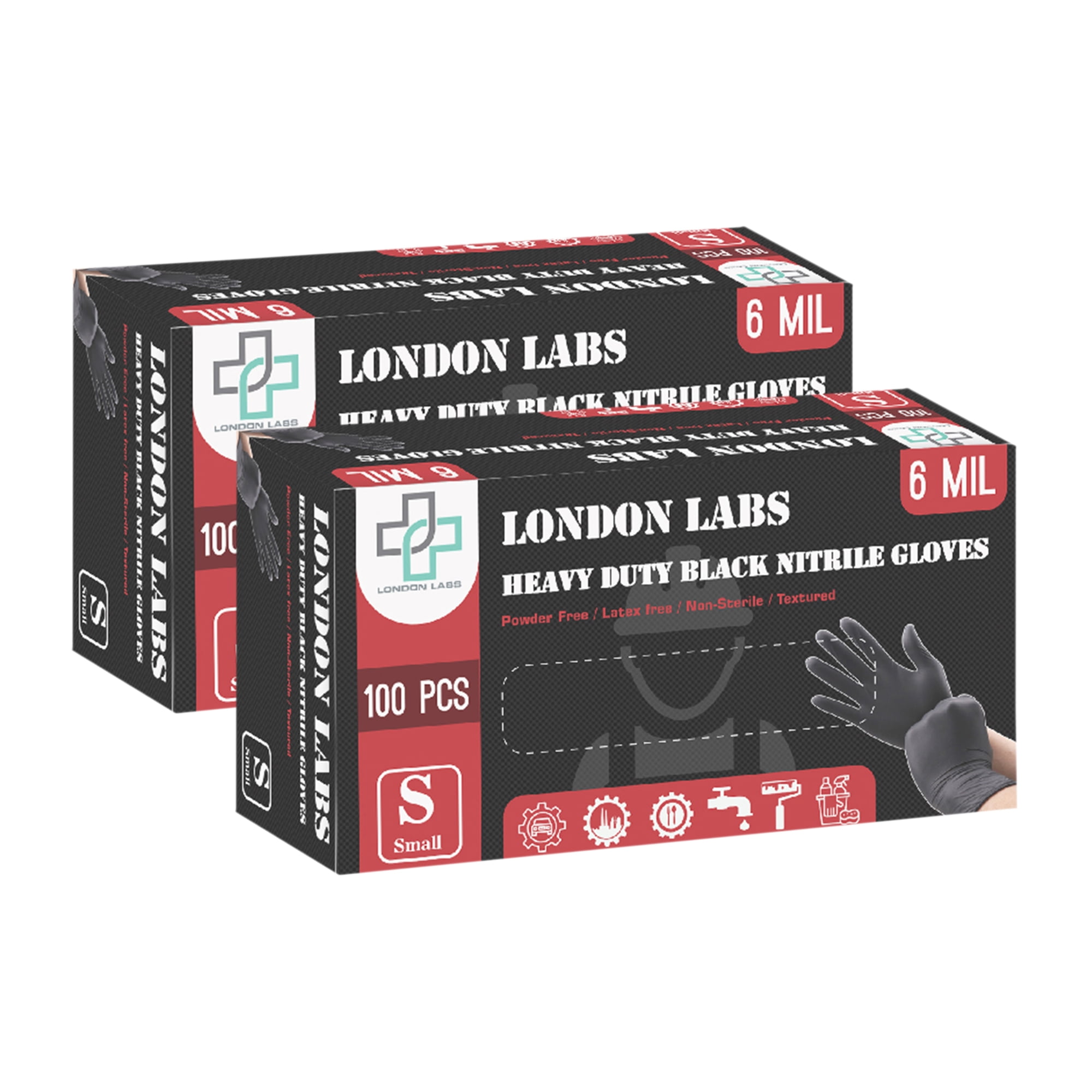 London Labs Heavy Duty Black Nitrile Gloves 6Mil Disposable Industrial Powder & Latex Free - Small, 200 Count