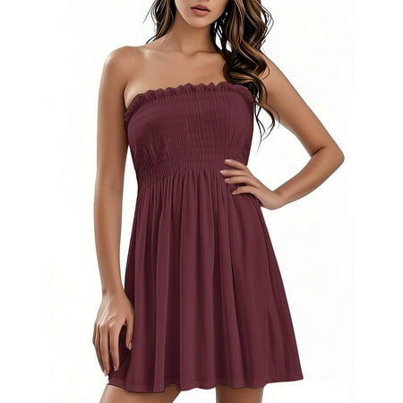 OAMDNDEA Off the Shoulder Dresses for Women Vacation Boho Tube Top Dress Strapless Solid Color Sundresses Plus Size Cute Short Dress Beach Vacation Clothes Coffee XL