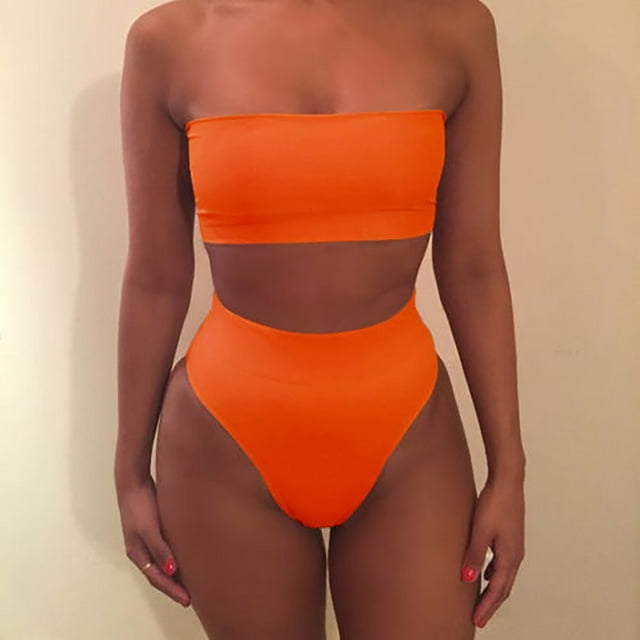 Lefu Summer Women's Sexy Solid Color Tube Tops Bikini 2pcs Set Swimsuit No Chest Pad
